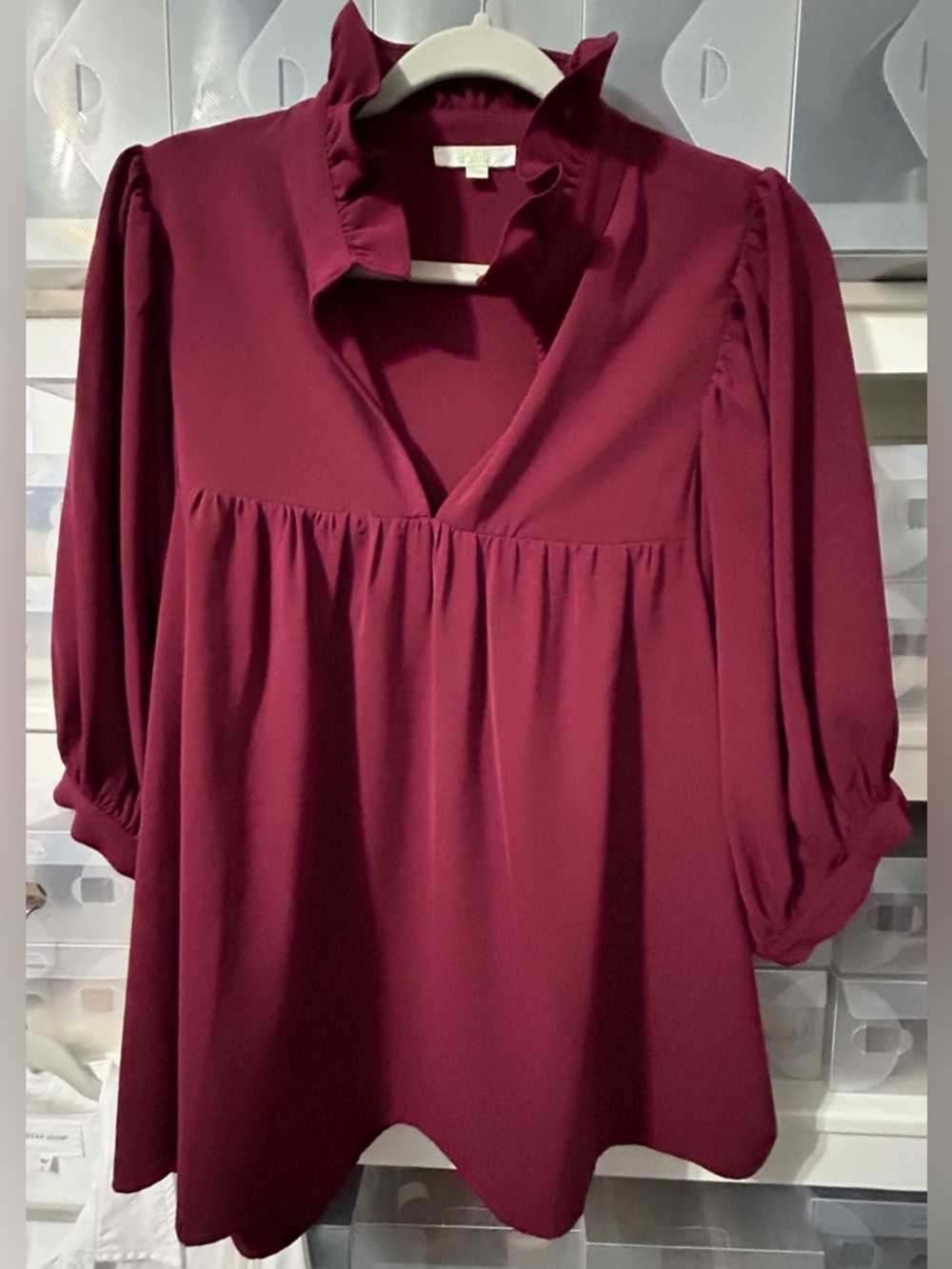 Jade Maroon Ruffled Stand Up Collar Blouse